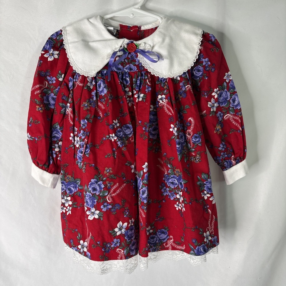 Vtg 90s Atlanta Apparel Group Large 24M Red Floral Dress Lace Peter Pan Cottage